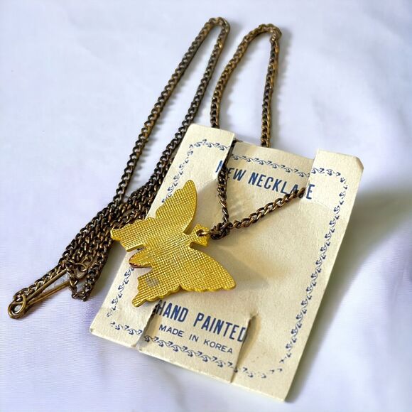 Vintage 70s Hand Painted Yellow Butterfly Necklace Made in Korea Deadstock - Picture 2 of 3